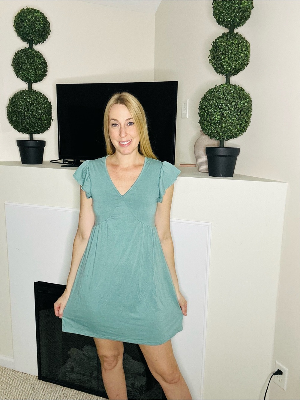 New Flutter-Sleeve V-Neck Midi Dress in Sage Green